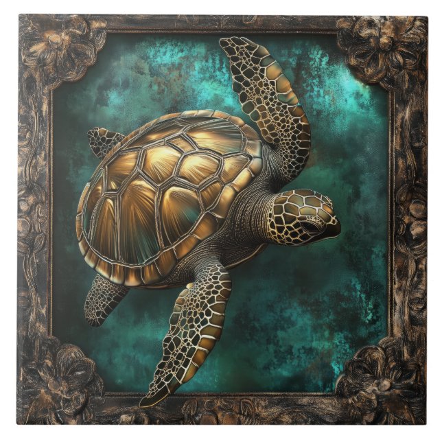 Carreau Tortue de mer dans le cadre d'ornement (Devant)
