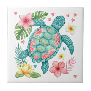 Carreau Tortue de mer et fleurs tropicales