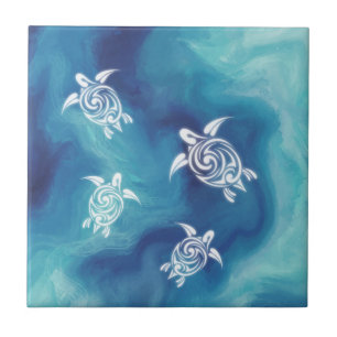 Carreau Tortues blanches Eau océanique bleue Aquarelle Côt