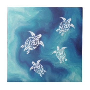 Carreau Tortues blanches Océan bleu Aquarelle Côtière