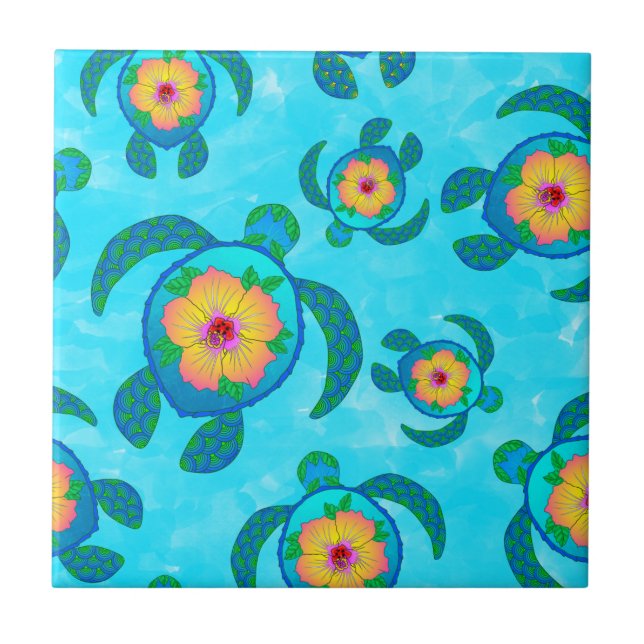 Carreau Tortues de mer de Honu bleu Hibiscus Fleurs (Devant)