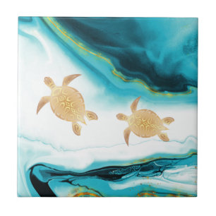 Carreau Tortues d'or Turquoise encre blanche