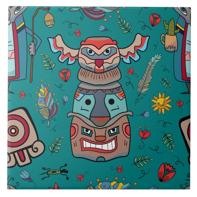 Carreau Totem amérindien noir Turquoise (Devant)