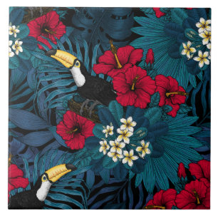 Carreau Toucans et flore tropicale, verte et rouge