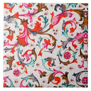 CARREAU TOURBILLONS FLORAUX ROUGES DE LA RENAISSANCE FLORE