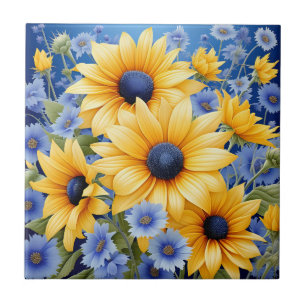 Carreau Tournesol Élégant Avec Fleurs sauvages Bleus Doux
