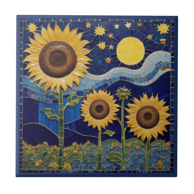 Carreau Tournesol Faux Mosaïque Jaune Tournesols Marine Bl (Devant)