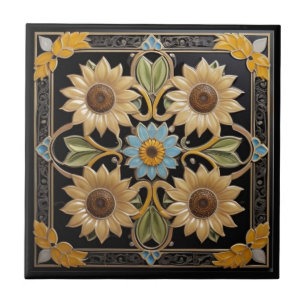 Carreau Tournesol Faux Relief Folk Art Jaune et Noir