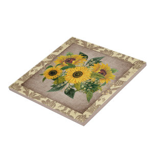 Carreau Tournesol jaune rustique Burlap Vintage Damas