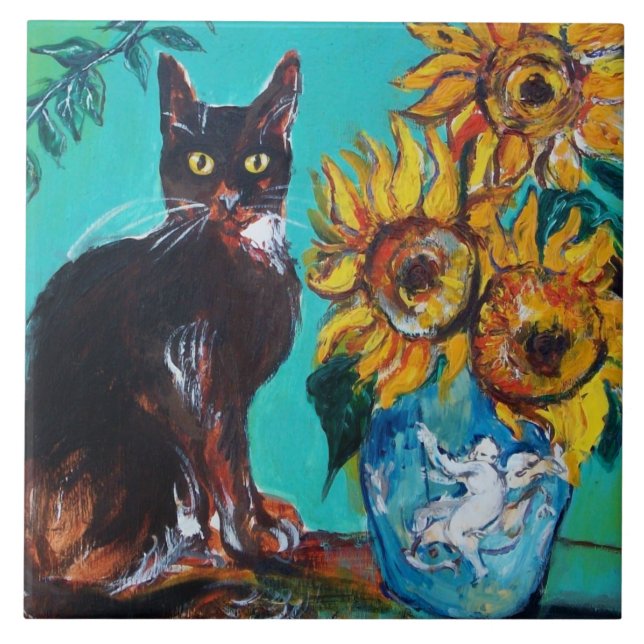 CARREAU TOURNESOLS AVEC CHAT NOIR EN BLEU TURQUOISE  (Devant)