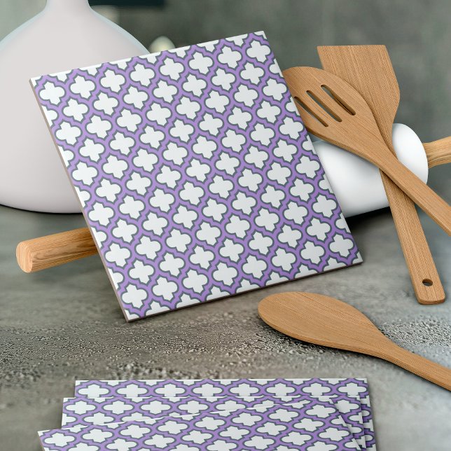 Carreau Trellis blanc et violet, treillis, Quatrefoil (Créateur téléchargé)