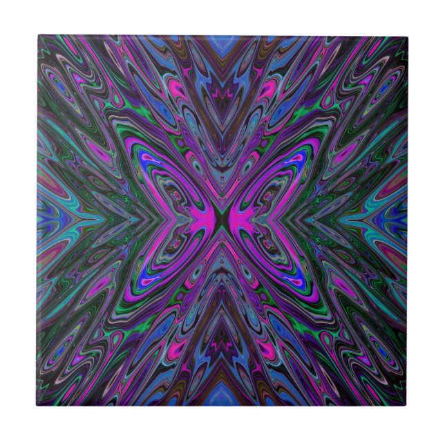 Carreau Trippy Magenta, Bleu et Vert Papillon Abstrait (Devant)