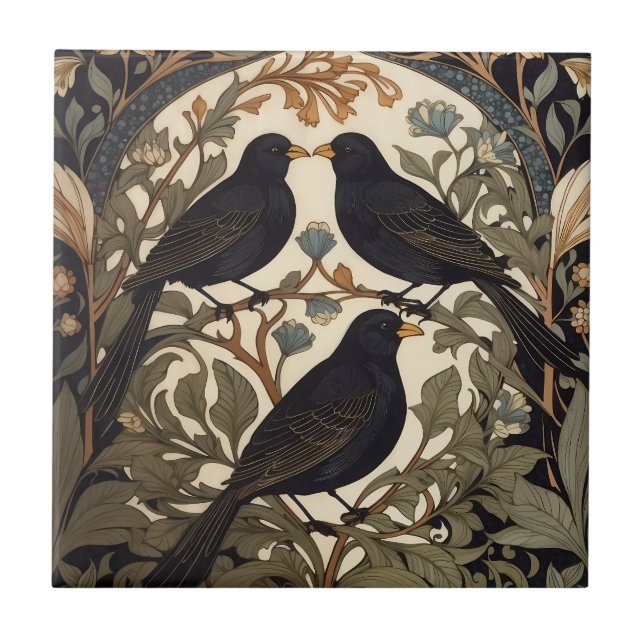 Carreau Trois oiseaux noirs William Morris Inspiré (Devant)