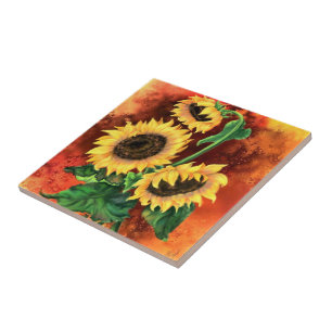 Carreau Trois Tiles De Céramique Peinte De Fleurs De Solei