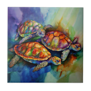Carreau Trois tortues magnifiques migrent dans des mers or