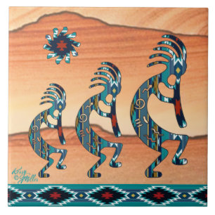 Carreau Trois tuile en céramique Turquoise Kokopelli