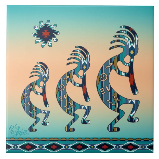 Carreau Trois tuile en céramique Turquoise Kokopelli (Devant)