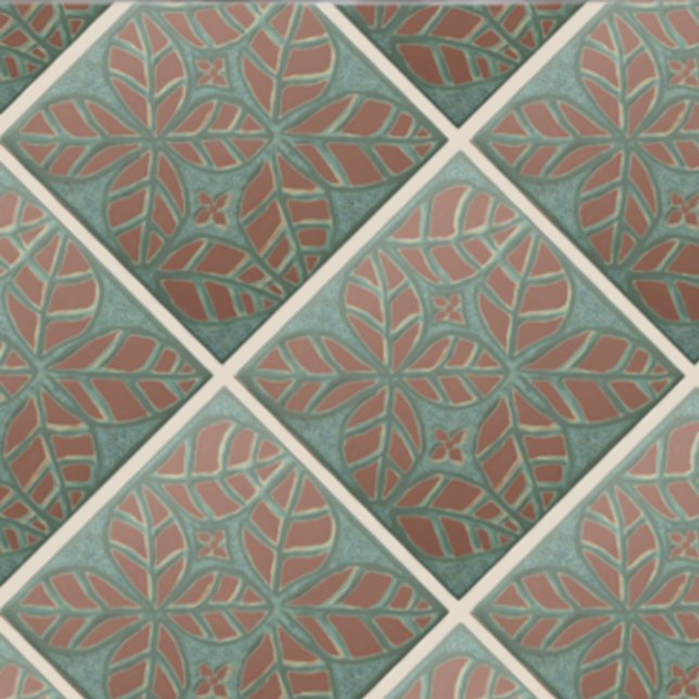 Carreau Tuile de cuisine, feuilles d'ovate vert et rouille (Copper and green ovate leaf tile.)