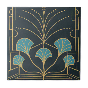 Carreau Tuile de fontaine Art déco chic avec palmiers bleu
