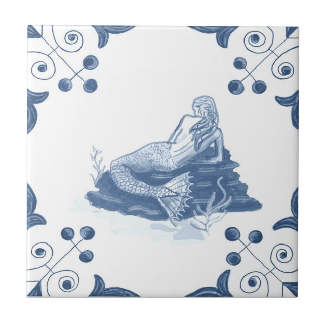 Carreau Tuile de sirène de Delft avec des coins de rouleau (Devant)
