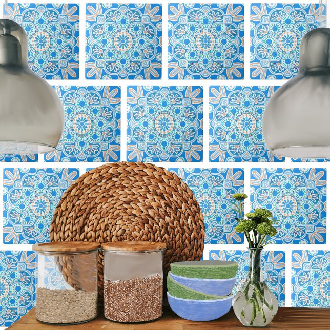Carreau Tuile décorative en céramique avec bleu clair géom (Light blue boho tile shown on a kitchen backsplash.)