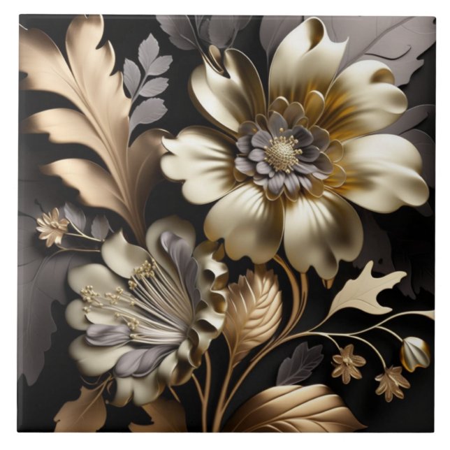 Carreau Tuile en céramique de fleurs d'argent d'or moderne (Devant)