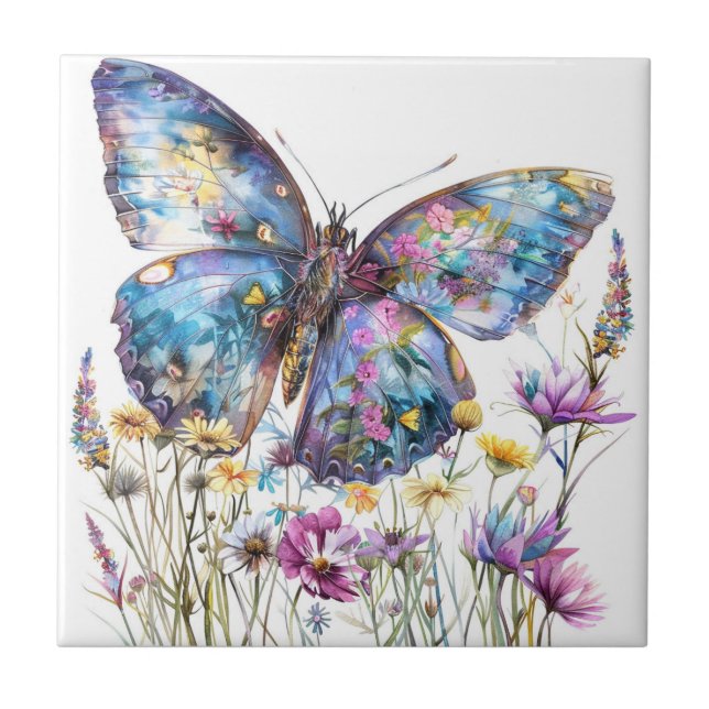 Carreau Tuile en céramique papillon et Fleur sauvage (Devant)