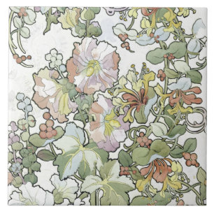 Carreau Tuile florale de roses trémière de Nouveau d'art