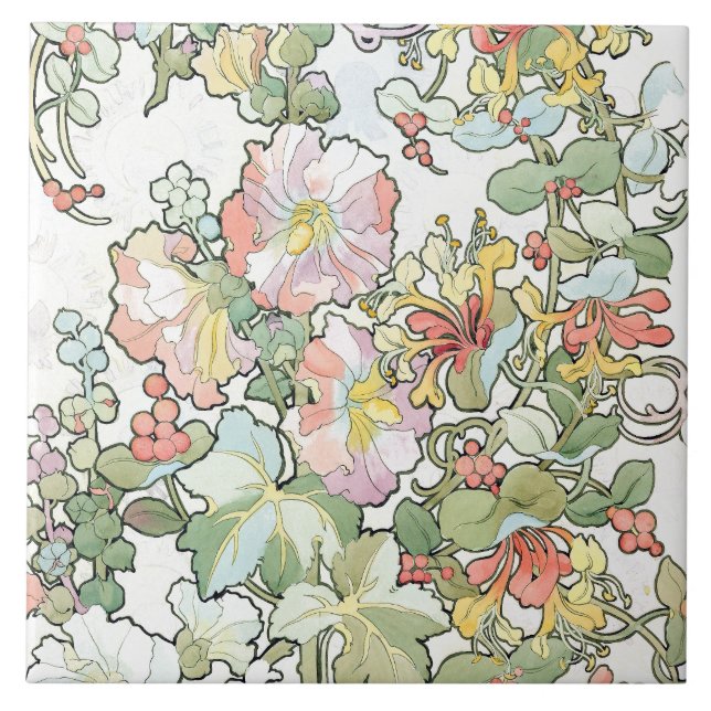 Carreau Tuile florale de roses trémière de Nouveau d'art (Devant)