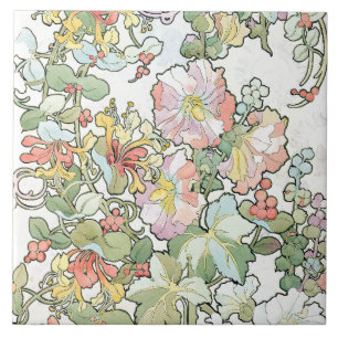 Carreau Tuile florale de roses trémière de Nouveau d'art
