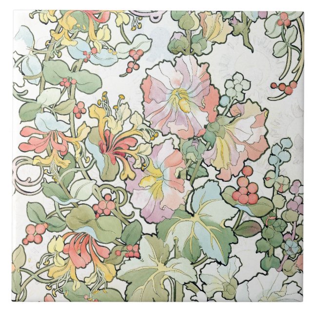 Carreau Tuile florale de roses trémière de Nouveau d'art (Devant)