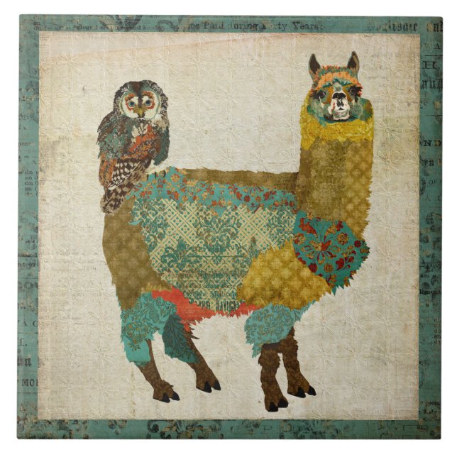 Carreau Tuile turquoise de hibou d'alpaga d'or (Devant)