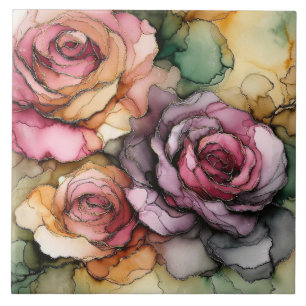 Carreau Tuiles d'art, encre d'alcool, roses, floral modern