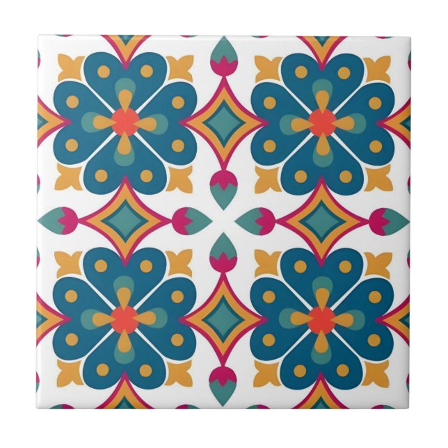 Carreau tuiles motifs de fleurs bleues mayas (Devant)
