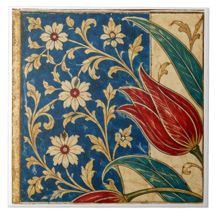 Carreau Tulipe rouge sur l'art floral bleu de cobalt