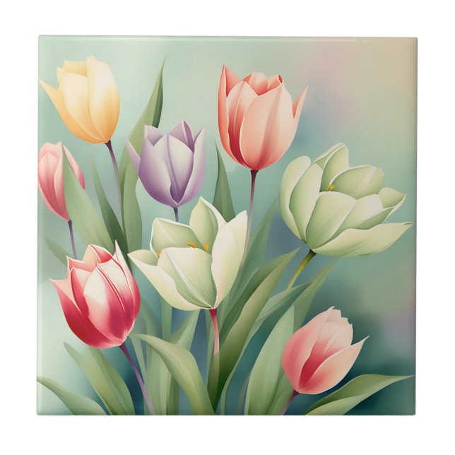 Carreau Tulipes colorées Aquarelle Romantique (Devant)