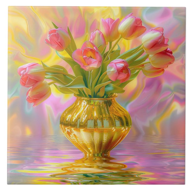Carreau Tulipes roses vibrantes dans le Vase d'or (Devant)