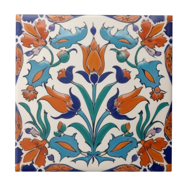 Carreau Tulipes turques Floral Bleu Orange Vert Fleurs (Devant)
