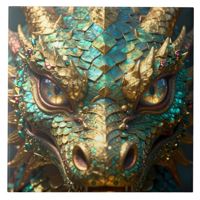 Carreau Turquoise and Gold Dragon Face (Devant)