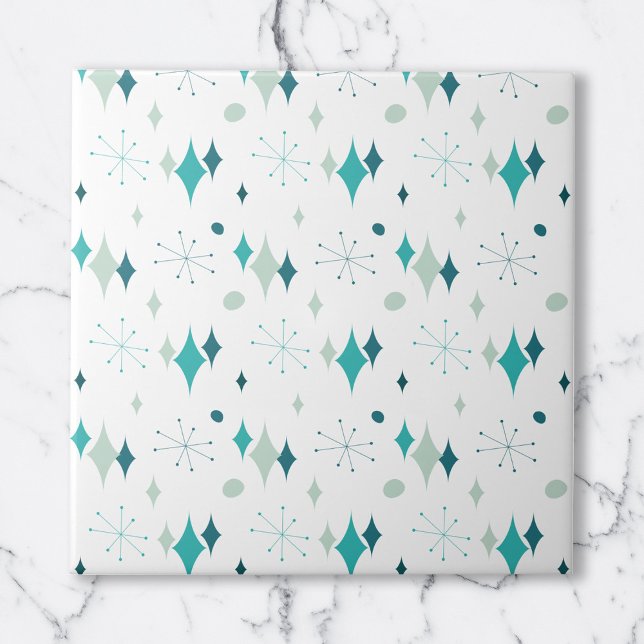 Carreau Turquoise, Aqua Starburst Mid Century Motif modern (Teal, Aqua Starburst Mid Century Modern Pattern Ceramic Tile)
