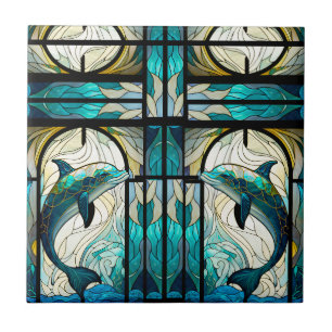 Carreau Turquoise Bleu Blanc Dauphin Faux Mosaïque Vitrail