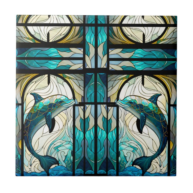 Carreau Turquoise Bleu Blanc Dauphin Faux Mosaïque Vitrail (Devant)