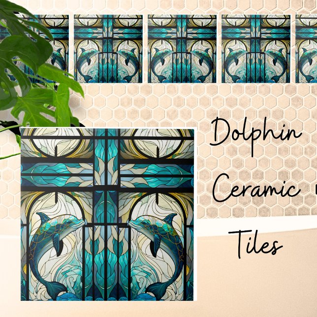 Carreau Turquoise Bleu Blanc Dauphin Faux Mosaïque Vitrail (Créateur téléchargé)