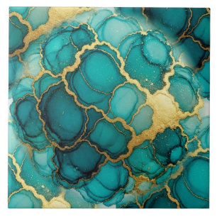 Carreau Turquoise Bleu et Encre Alcoolique Dorée