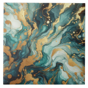 Carreau Turquoise Bleu et Or Encre Alcoolique