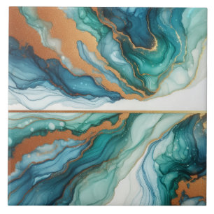 Carreau Turquoise Bleu et Or Encre Alcoolique