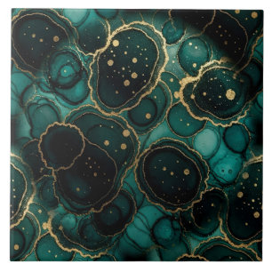 Carreau Turquoise Bleu, Noir et Or Encre Alcoolique