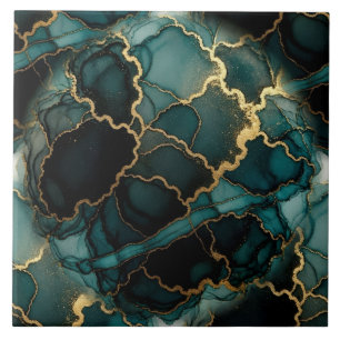 Carreau Turquoise Bleu, Noir et Or Encre Alcoolique