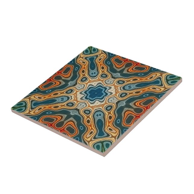 Carreau Turquoise Bleu Orange Jaune Vert Ethnic Tribu Art (Côté)