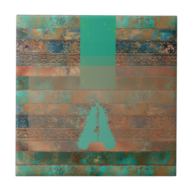 Carreau Turquoise brun faux cuivre patiné inspiré  (Devant)